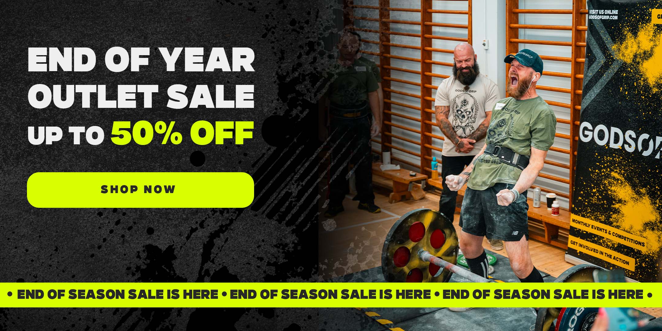 Promotional banner for end-of-year outlet sale with text overlay and people in the background.