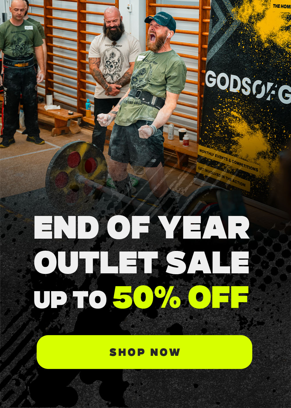 Advertisement for an end-of-year outlet sale with a fitness-themed background.
