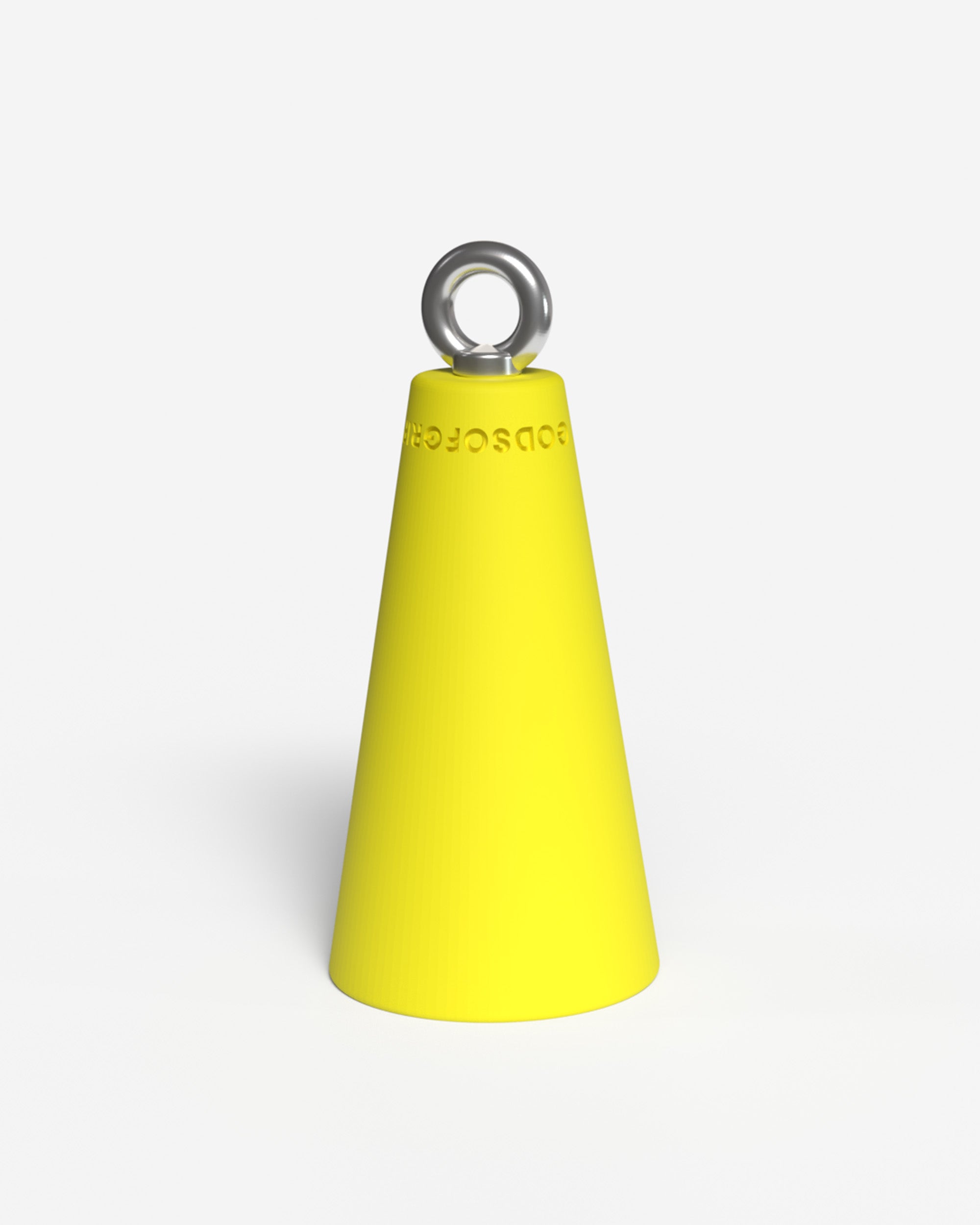 Yellow cone-shaped object with a metal ring on a white background